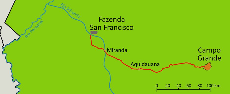 Map outlining route from Campo Grande to Fazenda São Francisco. 