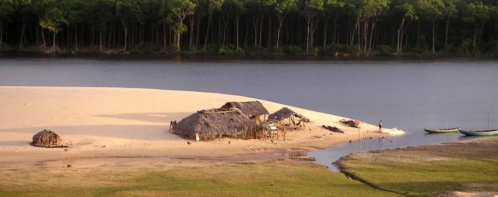 Small local huts on he edge of a lake in Brazil.