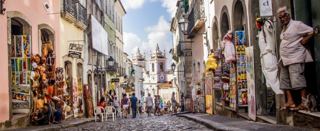 A coulourful street in Pelourinho, Salvador de Bahia. 