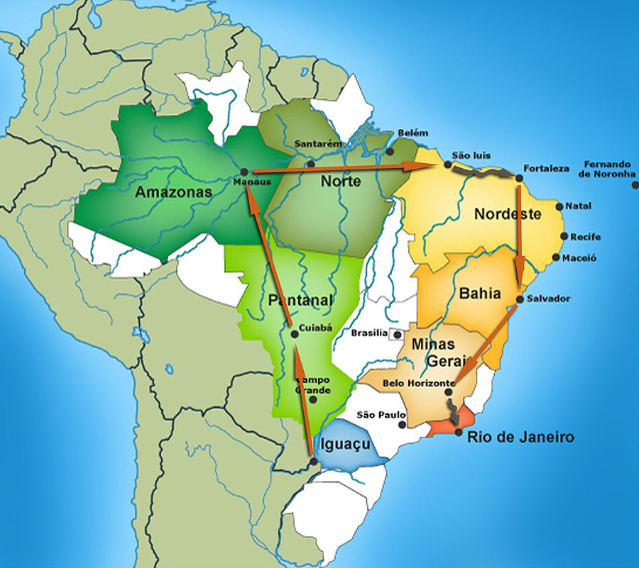 Map of the stops on the Grand Tour of Brazil.