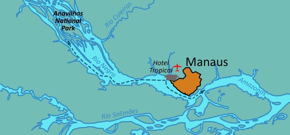 Map showing Anavilhanas National Park in relation to Manaus. 
