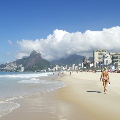 Girl walking on the beach in Rio.