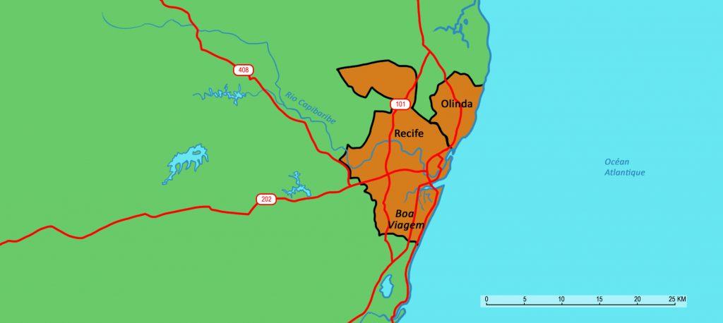 Region of Olinda and Recife on the map. 