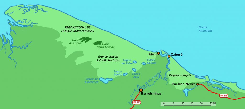 Map showing the location of Lençóis do Maranhao and São Luís. 