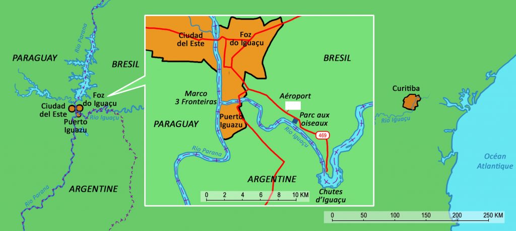 Map showing where the Iguazu falls are. 