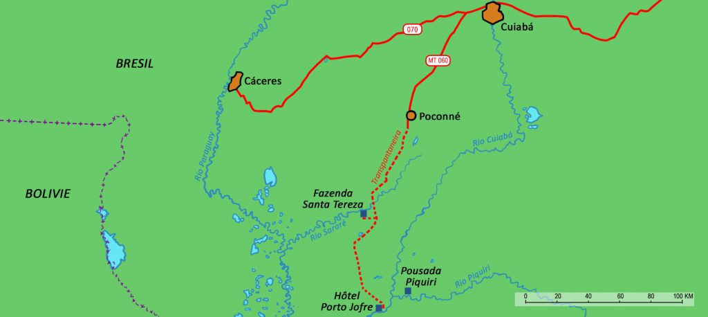 Map showing the track from Cuiabá to Poconé. 