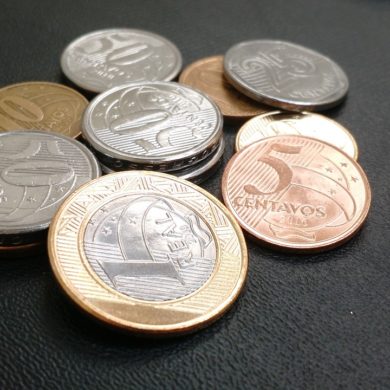 Close up shot of Real coins, the Brazilian currency.
